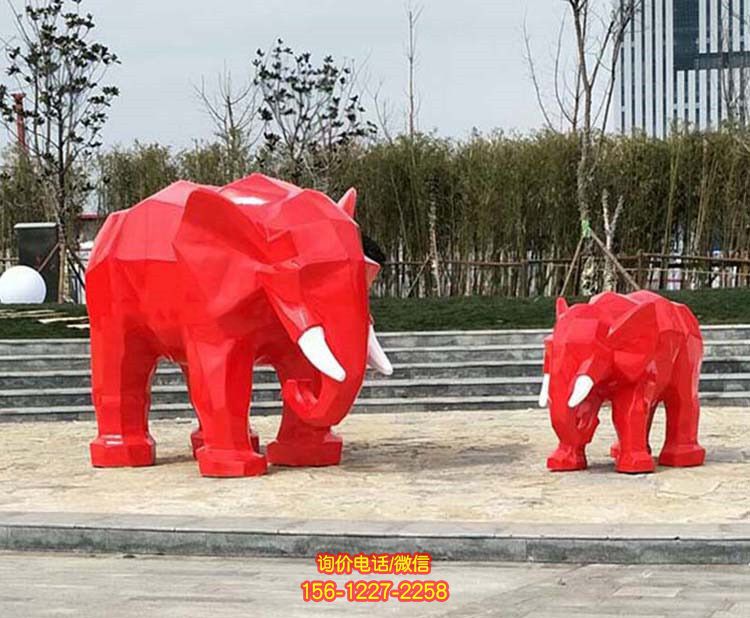 公園景區(qū)大象景觀玻璃鋼彩繪紅色幾何大象雕塑